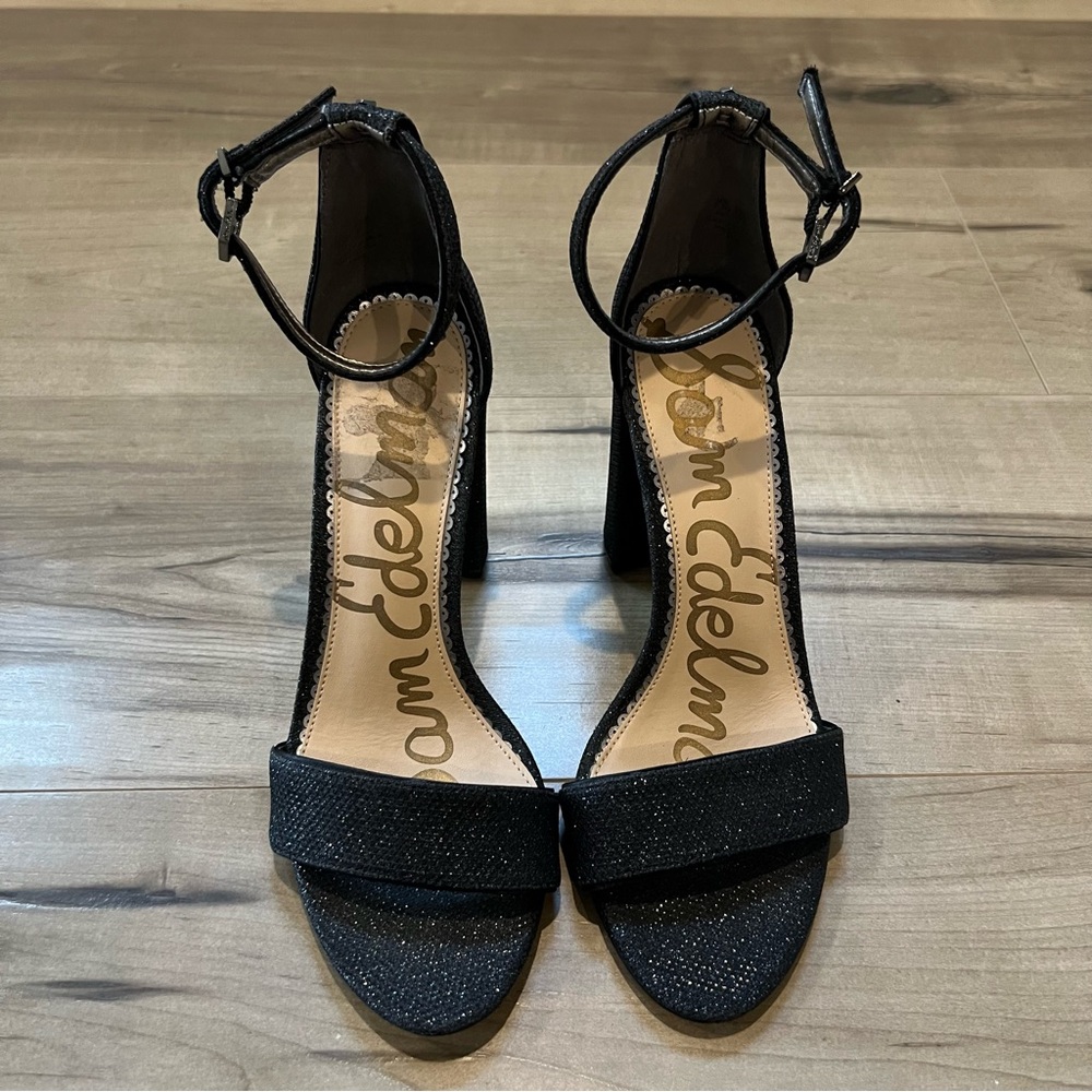 NWOB Sam Edelman Yaro Black Glitter Block Heel Ankle Strap Sandal Size 7.5